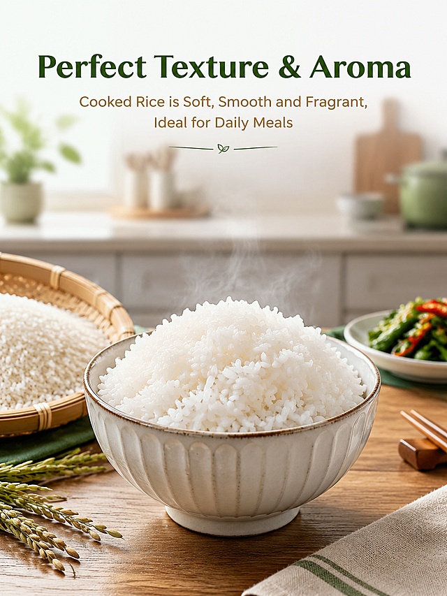 [第6屏] 烹饪场景展示屏-壮瑶家香有机米煮熟后食用场景推荐。
[氛围/风格] 温馨食欲感，家常厨房场景，真实美食摄影质感。
[元素布局] 中心位置展示一碗煮熟的壮瑶家香有机米饭，米粒饱满晶莹，冒着微微热气；左侧斜放【图1】竹编簸箕盛放生米作为对比；背景虚化呈现简约欧美厨房台面，搭配一小碟配菜和餐具，场景层次丰富，米饭占比约50%。
[光影质感] 柔和侧窗自然光，米饭呈现通透光泽，营造食欲感。
[配色色系] 全局底色 #F2F7F0；主色米饭晶莹白色，桌面木色；辅助色绿色点缀。
[视角构图] 中心构图，平视角度，聚焦成品米饭。
[文字版式] 顶部主标题 "Perfect Texture & Aroma"，副标题 "Cooked Rice is Soft, Smooth and Fragrant, Ideal for Daily Meals"，英文文字排版在顶部，不遮挡米饭主体，文字清晰。
[比例分辨率] 3:4 纵向比例，4K 分辨率，文字清晰可辨，高清画质。
[负向提示词] 米饭结块，颜色发黄，场景杂乱，文字遮挡主体，中文字符。