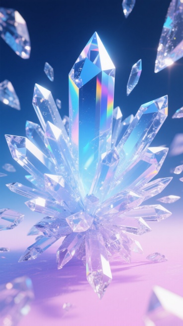 一张充满梦幻色彩的水晶质感背景图，画面中由无数棱角分明、大小不一的透明水晶碎片构成，这些碎片呈现出从底部柔和的粉紫色渐变到中部明亮的天蓝色，再到顶部深邃的宝蓝色的色彩过渡效果，水晶表面反射着璀璨的七彩光芒，仿佛阳光穿透冰层般闪耀着迷人的光泽，整体造型呈现出一种从中心向四周发散的放射状结构，充满了神秘而浪漫的氛围。预览效果