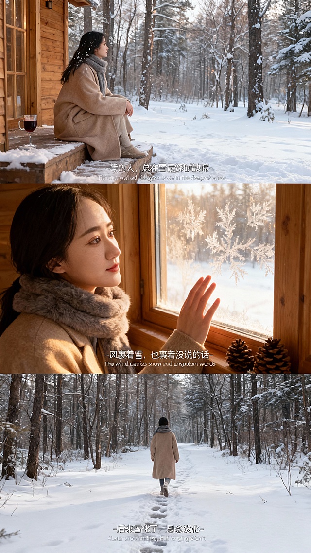 以图片人物为基础，采用三宫格构图方式生成一张艺术感写真图，整体暖光光线，采用柯达胶片效果。画面中人物和参考图一致，穿米色廓形大衣、灰兔毛围巾。第一张近景：人物坐木屋台阶望雪林，发落雪，旁放热红酒杯，字幕 “-等的人，总在雪最深时缺席-The one waited always misses in the deepest snow”；第二张特写：正脸对木屋玻璃，面部凸显暖光光影，眉眼柔和向窗外看霜花