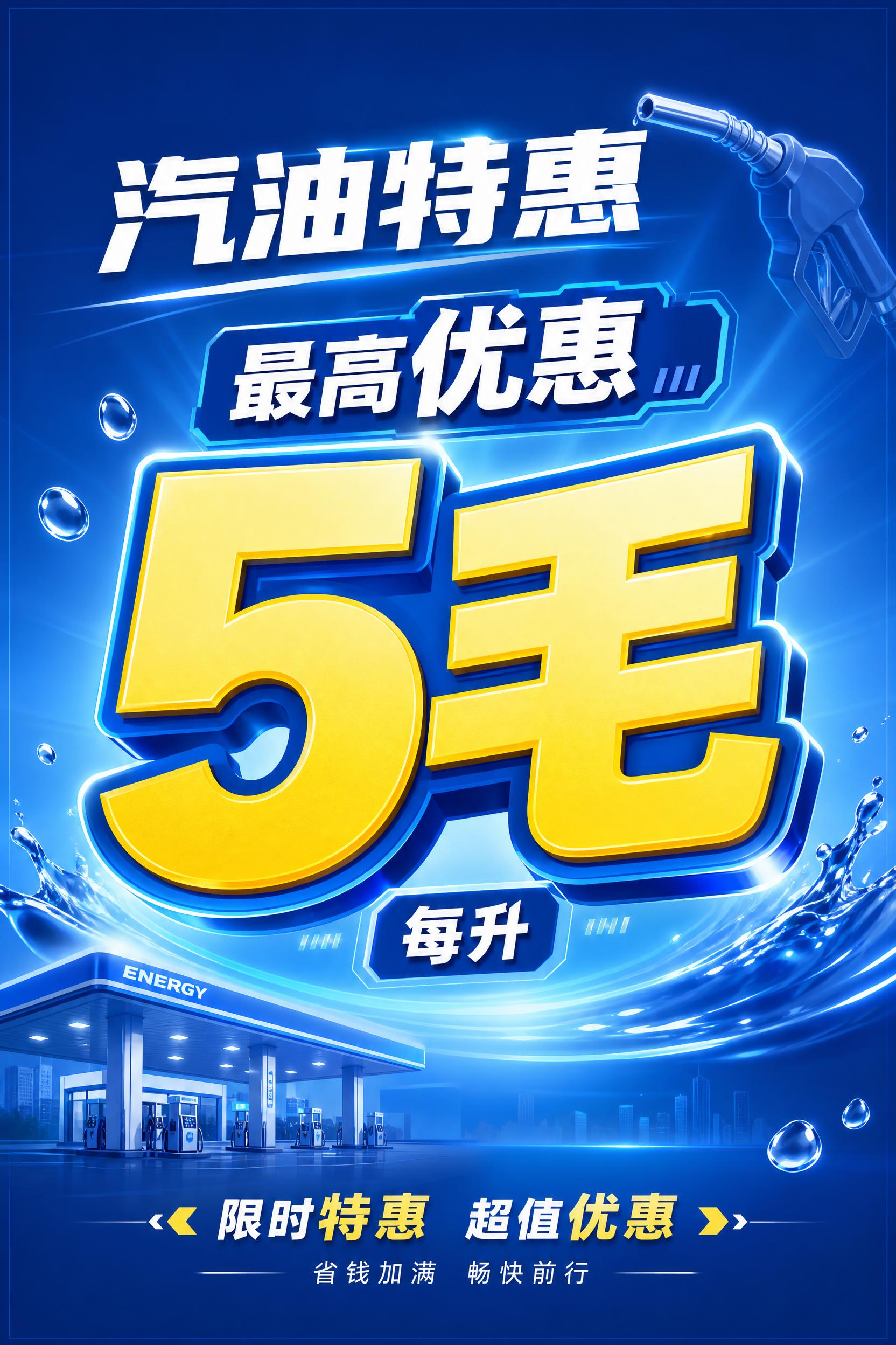 汽油优惠促销海报，A5竖向比例（约2:3，比A4小一号）。蓝色… - 图片创意预览