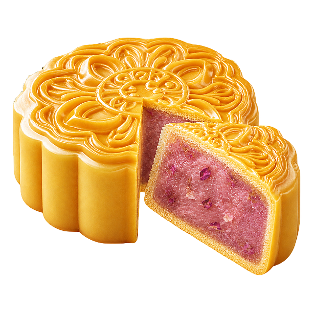 保持原图月饼的外形、雕花花纹、整体形状完全不变，保持3D写实质感不变，外皮保持金黄色，将切开的部分内部替换为玫瑰馅料，馅料呈现淡粉色细腻质地，隐约可见玫瑰花瓣纹理，带有玫瑰鲜花的质感，不添加任何场景和背景，保持白色背景，只修改内部馅料为玫瑰馅，外皮形状花纹完全不变