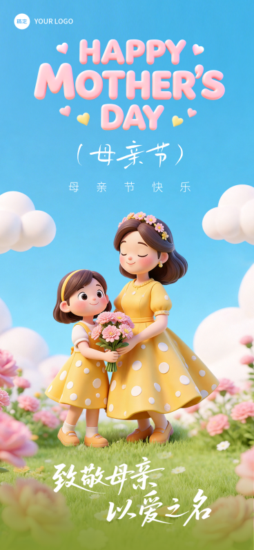 母亲节节日祝福3D卡通风格全屏竖版海报预览效果