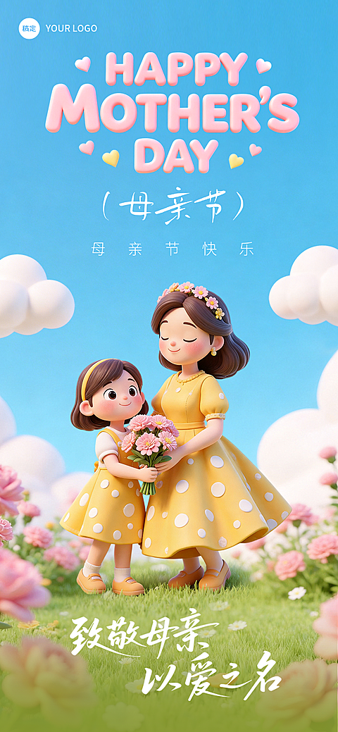 母亲节节日祝福3D卡通风格全屏竖版海报