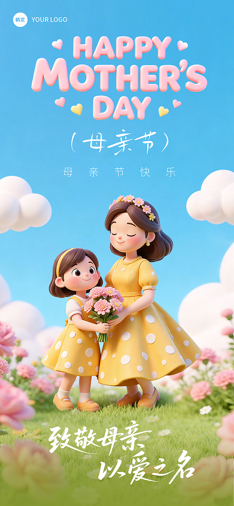 母亲节节日祝福3D卡通风格全屏竖版海报