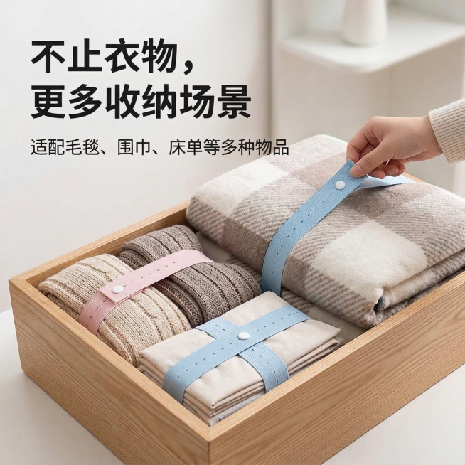 1:1 竖版电商主图，严格还原上传的产品图，蓝色绑带用于收纳折叠的毛毯和围巾，放置在浅木色收纳箱内，突出 “多功能收纳”。主标题：“不止衣物，更多收纳场景”（加粗无衬线字体，位于画面左侧），副标题：“预览效果