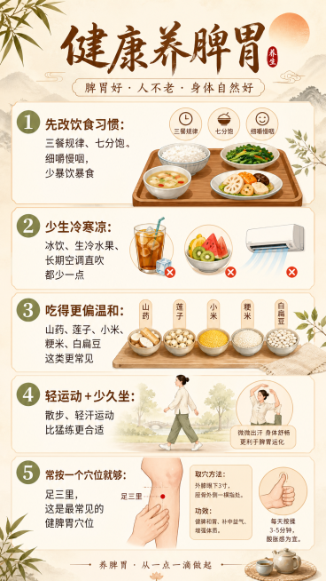 制作一张健康养脾胃知识海报，包含五条健康建议：1. "先改饮食习惯：三餐规律、七分饱、细嚼慢咽，少暴饮暴食"，2. "少生冷寒凉：冰饮、生冷水果、长期空调直吹都少一点"，3. "吃得更偏温和：山药、莲预览效果