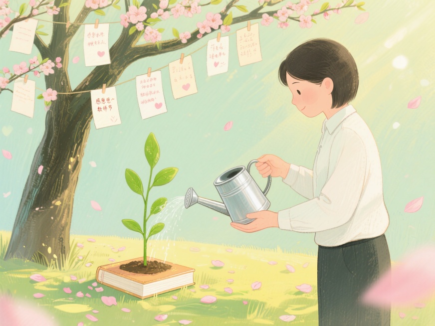 感恩教师节主题插画，教师手捧嫩绿幼苗（象征学生），手持银色浇水壶轻浇，背景是挂满祝福便签的桃李树，地面散落粉色花瓣，发光书本置于树下，浅绿+鹅黄清新配色，梦幻光影，细腻的笔触，明亮的氛围预览效果