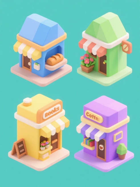 一套四个3D低多边形风格的可爱迷你店铺图标，保持相同的卡通化建筑结构、圆润边角、平滑渐变色彩、简洁几何形状和柔和阴影效果，采用纯色背景，画面整体色彩分别变换为蓝色系、绿色系、黄色系和紫色系，每个店铺包含不同类目的元素内容（如面包店、花店、书店、咖啡店），所有图标规整排布在同一画面中，形成系列素材集合。预览效果