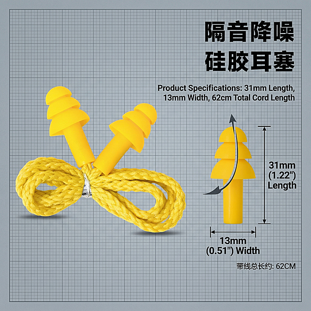 第八张详情页，基于原图保持黄色有线圣诞树耳塞硅胶产品本身不变，产品严格遵循原图样式不变。展示产品尺寸参数规格，标注原产品尺寸，使用切片设计效果，产品不被切割，添加英文文字"Product Specifications: 31mm Length, 13mm Width, 62cm Total Cord Length", 非白底背景，参数展示风格，800X800尺寸，产品清晰，英文突出。