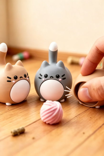 跨境电商主图，创意猫咪弹蛋解压慢回弹摆件，手指按压弹出动态展示，突出解压回弹互动趣味，特写按压效果，2:3主图构图，高清商业摄影预览效果