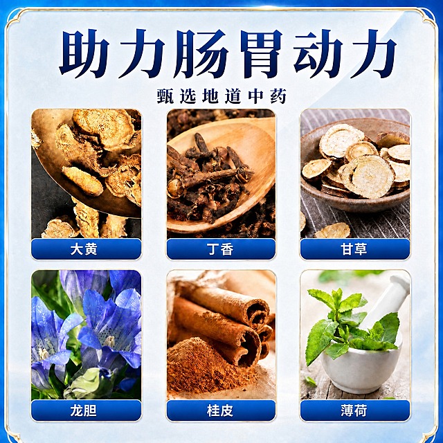 将主标题和副标题的文字大小互换：上方的"助力肠胃动力"字号变大，变为最大最醒目的主标题；下方的"甄选地道中药"字号缩小，变为较小的副标题。两行文字上下位置不变，只互换字号大小。字体风格、颜色、其余所有元素均保持不变。