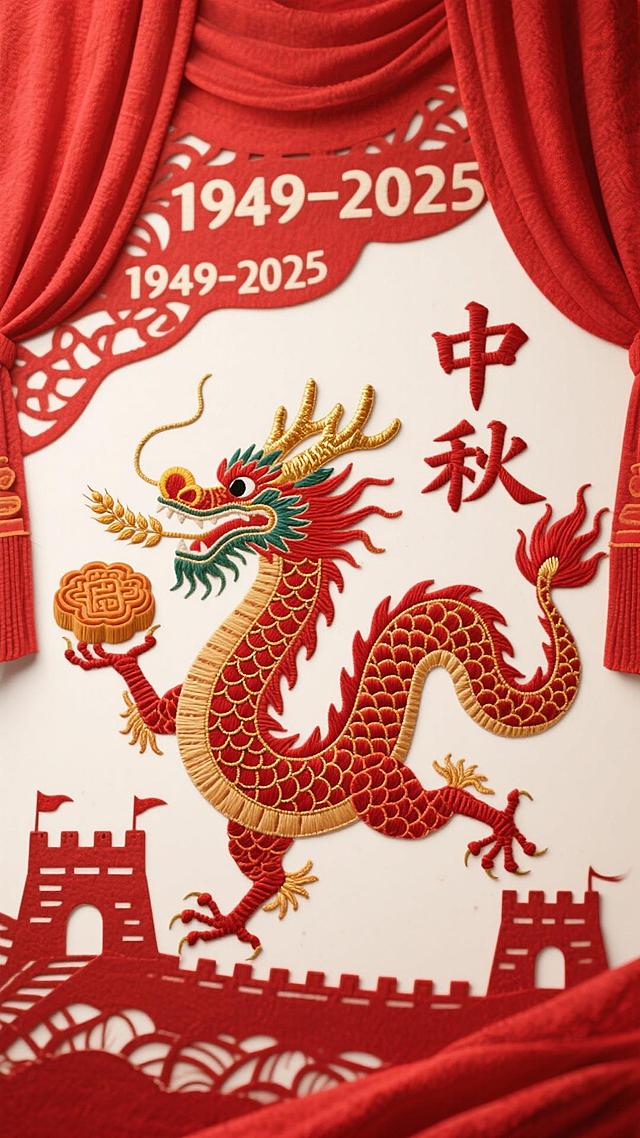 以牛皮皮影雕的舞龙，龙鳞用红绸刺绣缝缀，龙角贴金箔“1949-2025”，龙爪握月饼和麦穗。背景是红绸帐幔剪出长城剪影，烽火台用皮影镂空“中秋”篆字，帐幔后打暖黄光投皮影。牛皮龙鳞做旧烟熏痕迹，红绸刺绣用锁针法绣牡丹，金箔角磨损做旧。