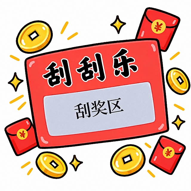 基于参考图中的刮刮乐卡片进行重绘，去掉图片中的手，只保留红色的刮刮乐卡片，卡片上保留"刮刮乐"三个大字和下方的"刮奖区"灰色矩形区域，卡通手绘风格，粗黑描边，卡片周围点缀一些金色金币和红色红包，白色背景，整体风格可爱活泼
