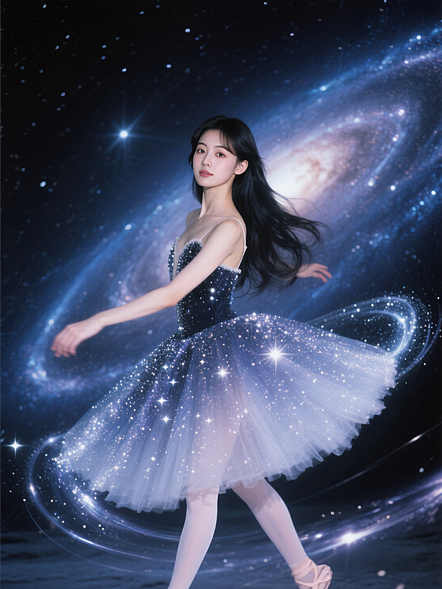 星尘粒子构成的芭蕾舞裙，随着舞步飘散出银河轨迹，宇宙深空背景，长曝光摄影效果，梦幻唯美