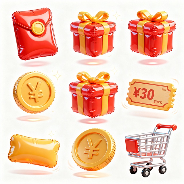 红包、礼盒、金币、购物车、优惠券，立体充气图标，弹性塑料材质表面有光泽感，整体风格统一为卡通插画风格，色彩鲜艳明快，每个元素带有轻微悬浮动态感和高光效果，背景为纯白色以突出元素，保持促销主题的喜庆与吸引力。