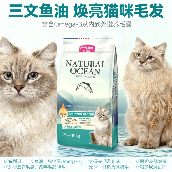 严格还原上传的产品图，包括包装设计、颜色、LOGO位置、文字内容、图案元素等所有细节，产品尺寸比例保持1:1，突出美毛核心卖点。画面采用左右对比式杂志风排版，左侧为猫咪食用前毛发状态实拍（毛躁、无光泽预览效果