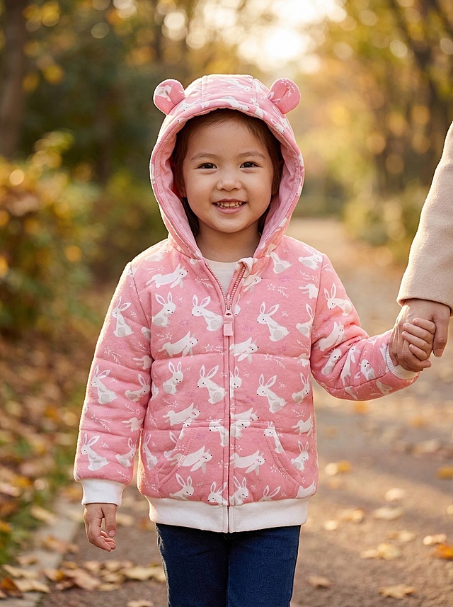 4-8岁女童，纤细匀称，可爱圆脸，自然淡妆，扎辫子，穿简约百搭基础内搭，展示粉色兔子印花女童夹棉连帽外套，保持产品原有结构形状比例方向100%不变，仅增强布料纹理质感，场景为秋日亲子出行，在小区步道，模特手牵妈妈的手，自然走动，侧面展示外套廓形，表情开心愉悦，商业级精致摄影画质，4K以上分辨率，柔和自然秋日光影突出外套保暖质感，背景为柔和虚化的秋日步道，色彩饱和度适中，符合电商广告视觉吸引力，无过度滤镜