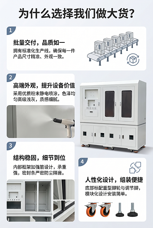 电商详情页核心优势板块，标题“为什么选择我们做大货？”，展示四个优势：1.批量交付，品质如一 文案：拥有标准化生产线，确保每一件产品尺寸精准、外观一致。2.高端外观，提升设备价值 文案：采用优质粉末静电喷涂，色泽均匀高级浅灰，质感细腻。3.结构稳固，细节到位 文案：内部框架加强筋设计，承重强，密封条严密防尘隔音。4.人性化设计，组装便捷 文案：底部标配重型脚轮与调节脚，模块化设计安装简单。结合原图产品进行排版设计，清晰专业的电商详情页风格。