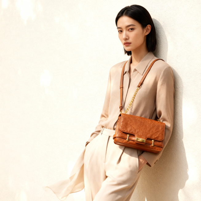 焦糖棕色牛皮斜挎包，金色五金链条，保持包的物理结构绝对不变，严禁扭曲塌陷。东亚女性模特斜挎在身上，模特穿搭简约通勤服饰，松弛倚靠在浅米色墙边，画面中包占据主体位置。空间为浅米白色极简背景，拉开景深。柔预览效果