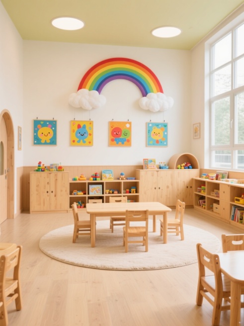 明亮温馨的幼儿园室内场景，采用柔和的暖色调与原木色为主，搭配墙面上方大型彩色彩虹与云朵装饰，下方悬挂五幅色彩鲜艳的卡通主题挂画。房间中央铺设圆形浅色地毯，周围摆放原木色桌椅和多层储物柜，柜中整齐放置玩具与绘本。大面积落地窗引入充足自然光，地面为浅色木地板，整体氛围活泼童趣且整洁有序，具有清晰的视觉层次和温馨的空间感。预览效果
