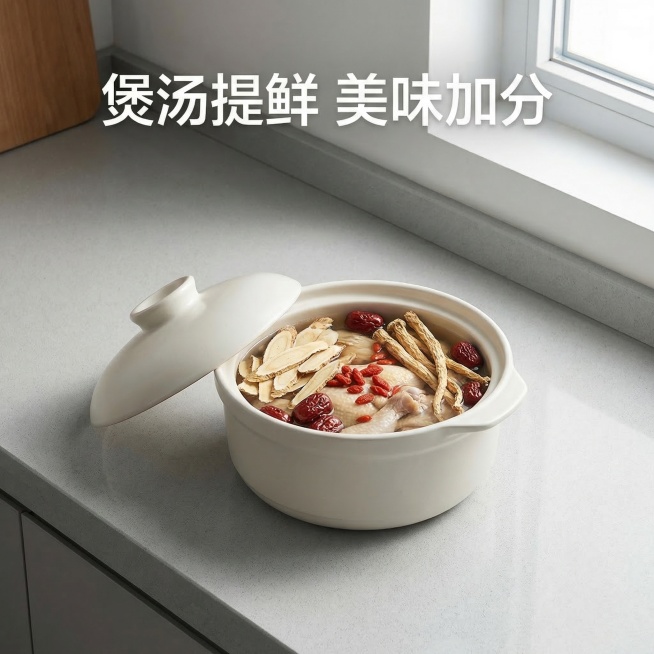 [第一组第7张：搭配展示] 现代简约风，浅灰色厨房台面，黄芪搭配煲汤食材放在陶瓷汤锅里，上方文字写"煲汤提鲜 美味加分"，禁止出现药 保健 养生字样，完整文案加双引号预览效果