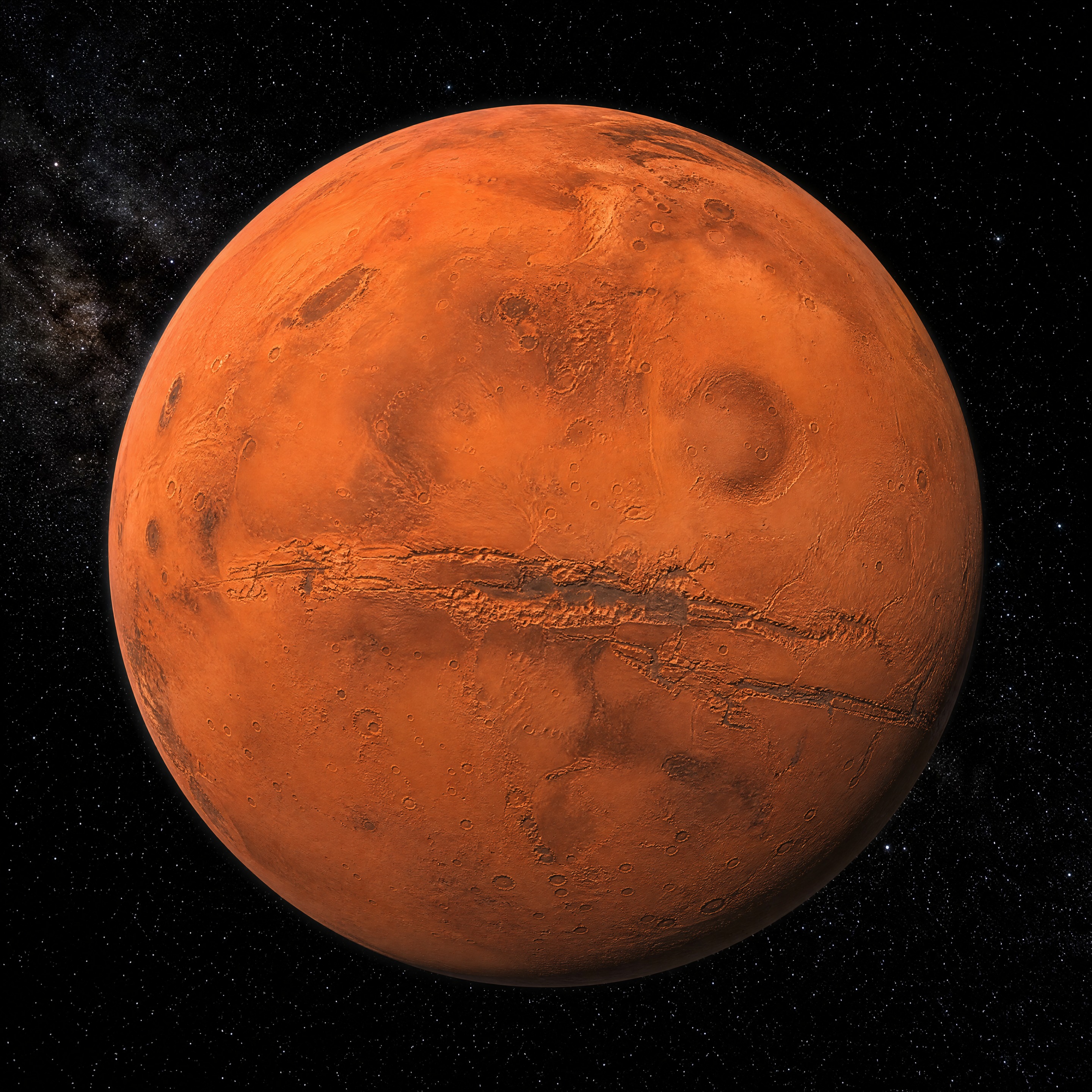 高清火星图片，红棕色岩石行星，表面有明显的地貌特征和峡谷，圆形… - 图片创意预览