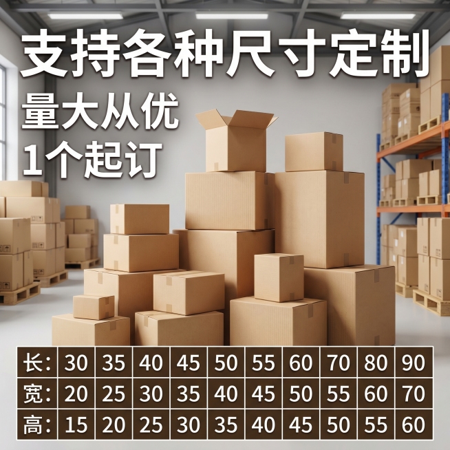 一张创意电商宣传图，主体是多样规格的瓦楞纸箱展示，卖点文案包含"支持各种尺寸定制"、"量大从优"、"1个起订"，清晰标注尺寸：长: 30 35 40 45 50 55 60 70 80 90；宽:20预览效果