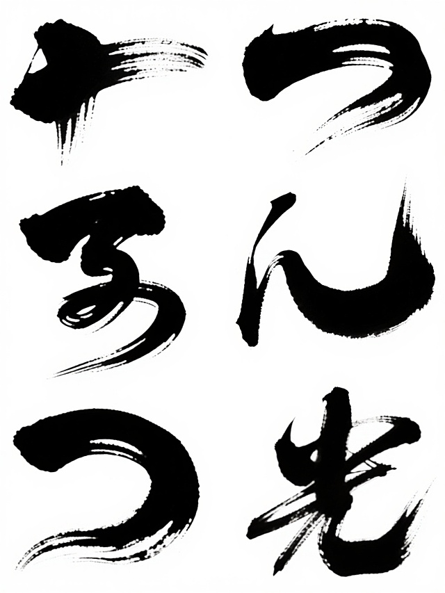 白色背景，六个完全不同造型的黑色水墨笔触元素系列素材集合，保持中国传统水墨风格，纯黑与纯白的色彩对比，每个笔触具有自然的飞白、浓淡变化和毛笔书写的流畅动态感，元素以规整的网格排布，呈现不同的弯曲角度、粗细形态、方向走势和笔触细节，整体构成一组风格统一、形态多样的水墨笔触设计素材。