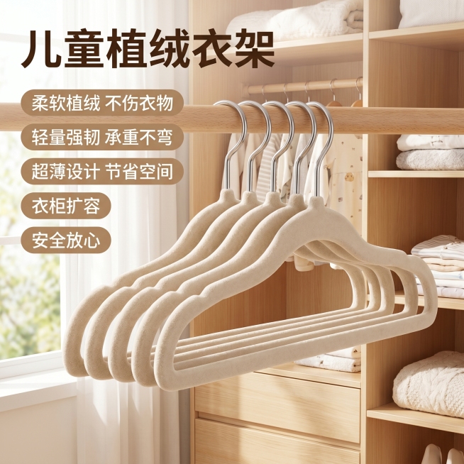 [主图 1] 米白色儿童植绒衣架居家场景首图。[氛围风格] 干净明亮的居家日用风，温馨整洁；[画质] 商业摄影质感，光线柔和通透，产品清晰真实，画面干净高级。[元素] 五支米白色植绒衣架挂在整洁衣柜横预览效果
