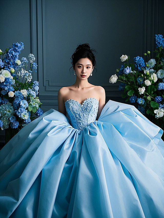 梦幻蓝色礼裙，轻拟物风设计，优雅浪漫，宛如欧洲宫廷艺术中的唯美女神。