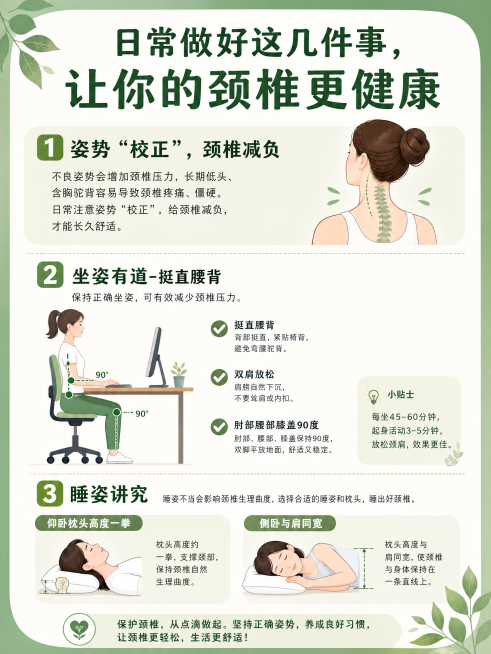 科普图文海报，大标题：日常做好这几件事，让你的颈椎更健康，正文分段内容：1.姿势“校正”，颈椎减负：坐姿有道-挺直腰背，双肩放松，肘部腰部膝盖90度；睡姿讲究-仰卧枕头高度一拳，侧卧与肩同宽，风格清新预览效果