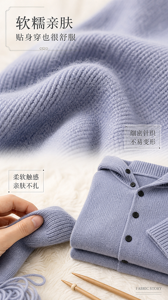 [第3张] 详情页面料工艺页-雾霾蓝连帽针织开衫材质展示。本张使用【图1】作为商品主体。
[氛围/风格] 柔软亲肤质感，暖调治愈氛围，微距摄影质感，高级面料展示风格。
[元素布局] 画面上半部分为针织面料微距特写，展示细腻针织纹理与柔软绒感，占比约40%；下半部分左侧为手指轻触开衫面料的手部特写，右侧叠放折叠整齐的开衫局部；背景为米白色毛绒质感台面，散落几缕同色系毛线与木质织针道具；面料颜色、针织密度与输入产品图完全一致。
[光影质感] 侧上方柔和暖光，突出针织纹理的立体感与绒感，手部皮肤自然通透，整体温暖柔和。
[配色色系] 全局底色 #FAF8F5 米白；主色雾霾蓝；辅助色奶白、原木色、浅棕；文字色炭灰。
[视角构图] 上微距下特写的上下构图，浅景深突出面料质感，阅读动线从上至下。
[文字版式] 标题字形为纤细衬线体。左上区域主标题「软糯亲肤」，副标题「贴身穿也很舒服」；面料微距旁标注「细密针织 不易变形」；手部特写旁标注「柔软触感 亲肤不扎」；右下角小字英文「FABRIC STORY」；文字采用浅灰底细线框装饰，不遮挡主体。
[比例分辨率] 9:16 竖版比例，2K分辨率，文字清晰可辨，高清画质。
[负向提示词] 面料变形，颜色偏差，水印，文字错乱，质感虚假，背景杂乱。