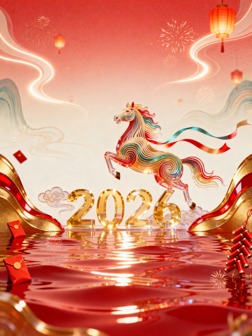 年会，红色到浅色渐变背景，背景有流畅飘逸的曲线光带和波浪纹理，整体氛围轻快年轻、庄重且富有动感。背景是模糊的灯笼和烟花。画面中下位置有一匹结合数字“金色玻璃质感2026”结合的抽象马，马由波浪光带组合预览效果