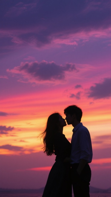 一对情侣的剪影在绚烂的日落天空下相拥，他们的脸庞靠近，即将亲吻。女孩有着飘逸的长发，男孩穿着衬衫，他们的身体微微前倾，彼此依偎。背景是由深紫、粉紫、橙红和金黄渐变组成的壮丽晚霞，云层稀疏地散布在天空中，营造出浪漫、温馨而又充满爱意的氛围。整体画面采用逆光剪影效果，人物轮廓清晰，细节柔和，光影对比强烈，色调温暖而富有层次感，构图聚焦于情侣的亲密姿态，背景的天空占据大部分画面，突出主体情感。预览效果