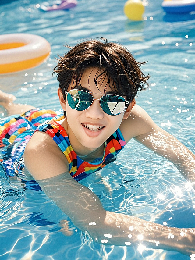 一个男孩在泳池里，连体泳衣，半身露出水面，带着墨镜，开心神态，水面漂浮着玩具