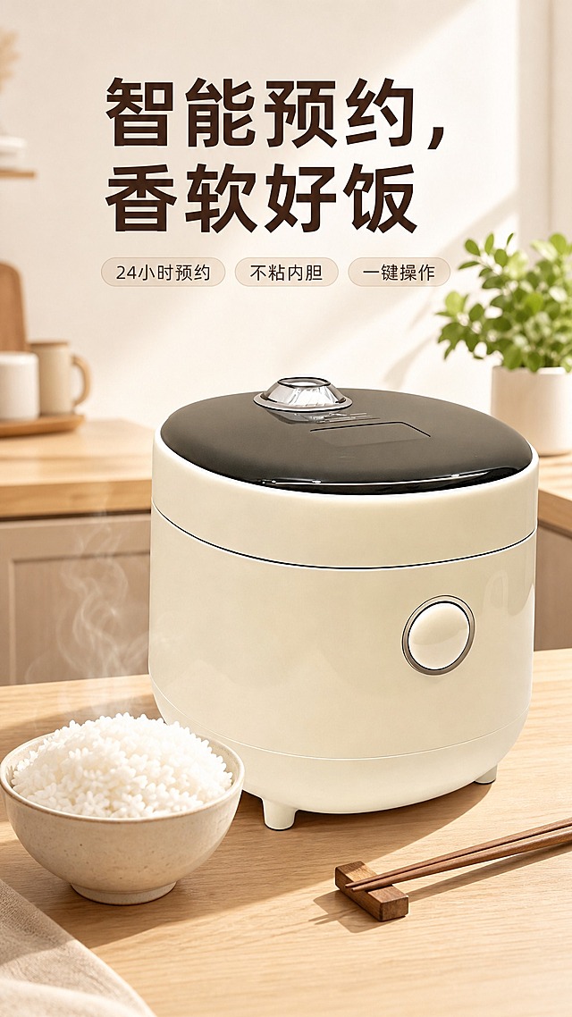 现代简约风格电饭煲电商海报，竖版9:16。画面中下部是一台米白色电饭煲（100%还原上传商品图的外形、结构、颜色、材质质感、黑色顶盖、圆形按钮、整体造型与正面朝向，以上传图为唯一商品主体来源），电饭煲旁摆放一碗香喷喷的白米饭和一双木质筷子，米饭饱满有光泽，冒着微微热气。背景是明亮整洁的浅木色厨房台面，右上角有一小盆绿色植物点缀，自然光从侧前方洒入，柔和温暖的光影，营造温馨家庭氛围。画面上方大字标题："智能预约，香软好饭"，字体简洁现代；下方小字："24小时预约/不粘内胆/一键操作"，分三行或用短标签呈现。整体画面干净诱人，突出产品便捷与美味，版式精美，商品主体占比约55%，文字不遮挡主体，超高清商业摄影质感。画面中所有数字必须精确渲染，不得错位、遗漏或编造。