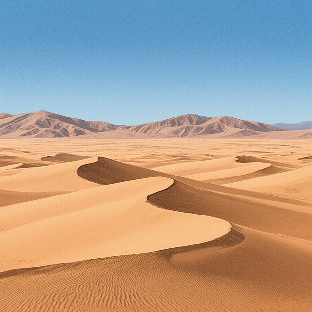 写意风格的沙漠景观，以大面积的土黄色和沙丘的波浪线条构成主体，远处是轮廓柔和的淡棕色山脉，沙丘表面有细腻的纹理和自然的曲线起伏；**上方形成一片广阔的蓝色天空**，天空清澈宁静，与暖色调沙漠形成对比，整体色调温暖统一，营造出宁静辽阔的氛围，体现丝绸之路沙漠的苍茫与悠远意境，画面简洁而富有层次感，具有自然流畅的视觉引导