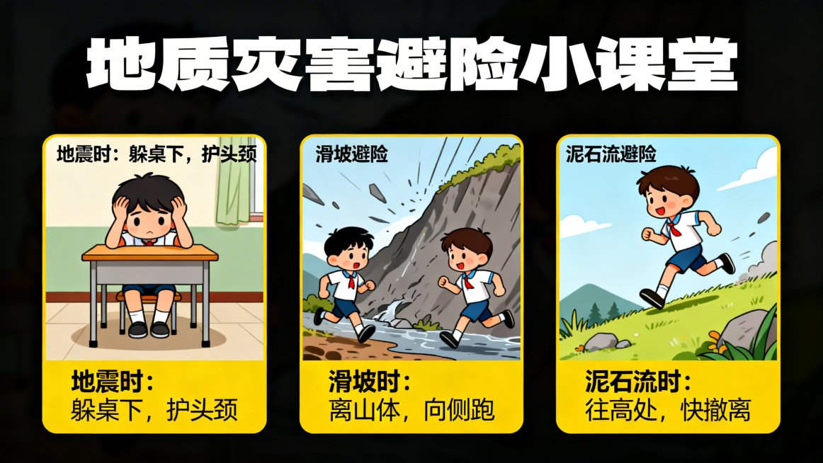 小学生地质灾害科普PPT内页，卡通风格，分别展示地震、滑坡、泥石流的避险方法卡通示意图，画面生动易懂预览效果
