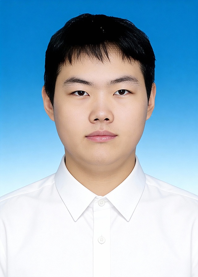 生成标准样式的证件照:参考第一张图保留人物脸型､年龄特征;参考第二张图的人物占位和比例;标准焦段50mm,纯正面胸像,提亮肤色,消除暗沉,轻度美颜,清透裸妆,隐形毛孔,均匀肤色,唇色自然提亮;头部发型完整,肤色白皙细腻,纯正面,头顶至上边缘有5%的距离,入境范围头部至胸部以上区域;人物居中,头顶距上边缘约10%,下巴距下边缘约30%,肩部平展,人物占比约画面的70%;均匀柔光,面部明亮无硬影,背景均匀提亮,画质清晰,零噪点降噪;表情自然平和,嘴角微微上扬,面部清晰(脸部无遮挡);头肩比例协调呈现;眼神澄澈直视镜头;清透底妆,呈现白皙细腻的原生肤质;唇面泛轻微透亮光泽,身穿净白色翻领衬衫,白色纽扣,款式经典正式,均匀柔光,面部明暗过渡自然(无硬阴影､无高光反光点);面部亮度高于背景10%,突出人像主体;去除人物之外的所有元素,头部发型完整;纯净蓝色纯色背景(无任何杂物､纹理､渐变);背景亮度均匀统一(无明暗差异);高清锐利画质,细节清晰可见;零噪点处理(无颗粒感);色彩还原自然(无偏色),严格按照第一张图内容生成｡