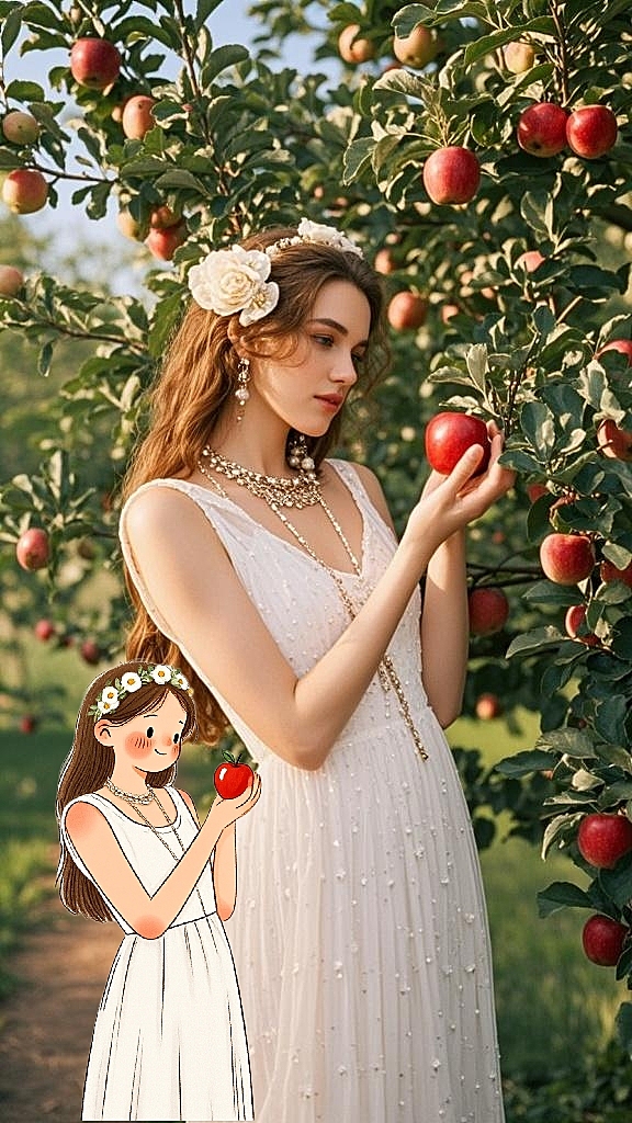 梦幻水彩风插画，甜美少女与苹果树共舞，卡通感与现实交织，超现实主义的童话瞬间。