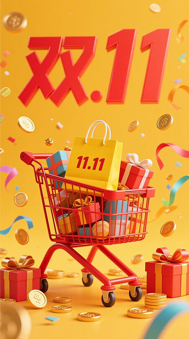 以鲜艳橙黄色为主色调，上方是巨大且的 “双11”红色字体，中间是一辆红色的购物车，车内装满了带有 “11.11” 字样的黄色购物袋、包装精美的礼盒等商品，购物车周围还散落着金色的硬币、蝴蝶结装饰的礼盒，以及彩色的飘带，黄色背景。