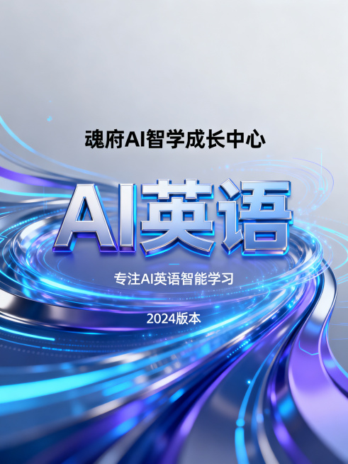 软件主界面主题图片，主题为魂府AI智学成长中心，核心关键字是带3D效果的“AI英语”文字，整体风格具有科技感，现代智能设计，适合作为教育软件主视觉预览效果