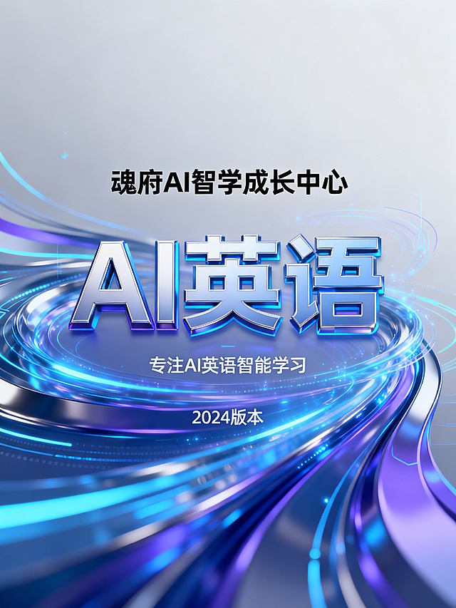软件主界面主题图片，主题为魂府AI智学成长中心，核心关键字是带3D效果的“AI英语”文字，整体风格具有科技感，现代智能设计，适合作为教育软件主视觉