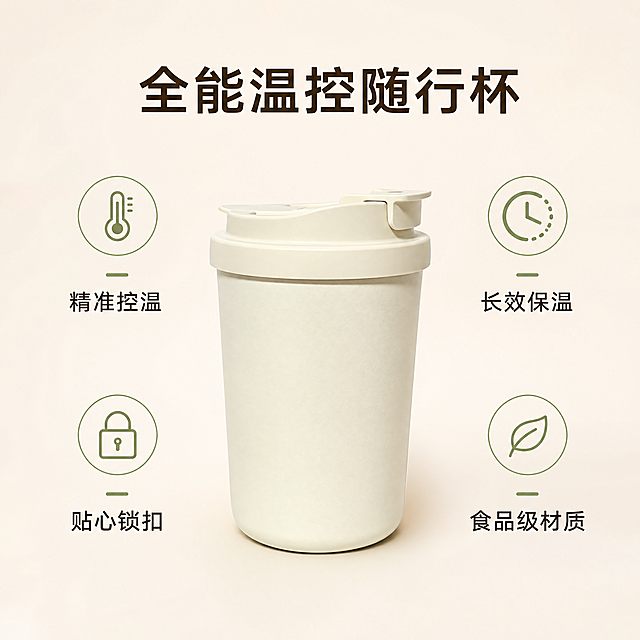 [主图-2] 咖啡杯核心卖点展示图
[氛围风格] 家居治愈风，简约干净
[画质] 商业摄影质感，光线柔和通透，产品清晰真实，画面干净高级
[元素] 奶白色咖啡杯居中放置，浅米纯色背景。围绕咖啡杯周围展示四个核心亮点，每个亮点配小图标，保持咖啡杯外观与输入产品图绝对一致，杜绝变形色差，精细化处理。商品主体完整突出，画面干净不拥挤，满屏无边框。
[光影] 均匀柔和的影棚自然光，整体高亮通透，无死黑杂乱阴影
[配色] 主色调浅米白，深棕文字，浅绿点缀，整体清新干净
[视角构图] 平视中心构图，产品清晰完整
[文字版式] 顶部大字标题“全能温控随行杯”，深棕色居中。四个核心亮点环绕产品均匀分布：「精准控温」「长效保温」「贴心锁扣」「食品级材质」，每个亮点配简约小图标，文字清晰易读，不遮挡产品主体，文字与背景对比强烈。
[比例分辨率] 1:1比例，4k分辨率，文字清晰锐利，超高清
[负向提示词] 变形，水印，文字错乱，产品图模糊，背景杂乱