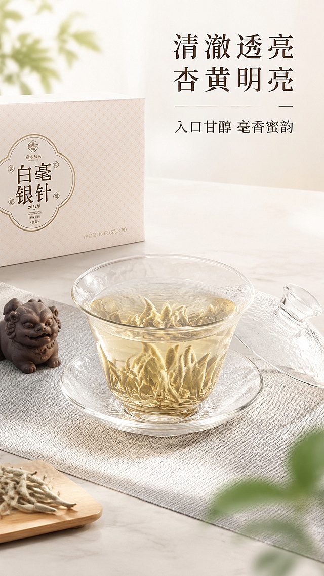 [第4屏] 茶汤品鉴展示-白毫银针冲泡后效果展示。
[氛围/风格] 通透雅致，干净清新，突出茶汤清澈透亮，温润如玉的质感。
[元素布局] 画面主体为玻璃盖碗冲泡白毫银针，茶汤清澈浅杏色，芽叶在水中舒展；盖碗放置在茶席之上，搭配茶宠点缀；【图1】礼盒放置在画面左上方，占比约20%作为品牌露出。主体盖碗茶汤占画面约60%，层次清晰。
[光影质感] 柔和顶光，透过玻璃茶汤产生通透光影，自然阴影，整体温润明亮。
[配色色系] 全局底色 #F4F1EC；主色浅杏通透色；辅助色浅灰茶席，深棕文字。
[视角构图] 平视斜侧角度，主体突出，景深适中。
[文字版式] 主标题「清澈透亮 杏黄明亮」，副标题「入口甘醇 毫香蜜韵」，温润宋体顶部对齐，文字清晰不遮挡茶汤。字体选用温润宋体，字色保持深棕，纯色呈现。
[比例分辨率] 9:16 竖版比例，4K 分辨率，文字清晰可辨，高清画质。
[负向提示词] 茶汤浑浊，玻璃变形，茶叶形态错误，文字错乱，水印，背景杂乱。