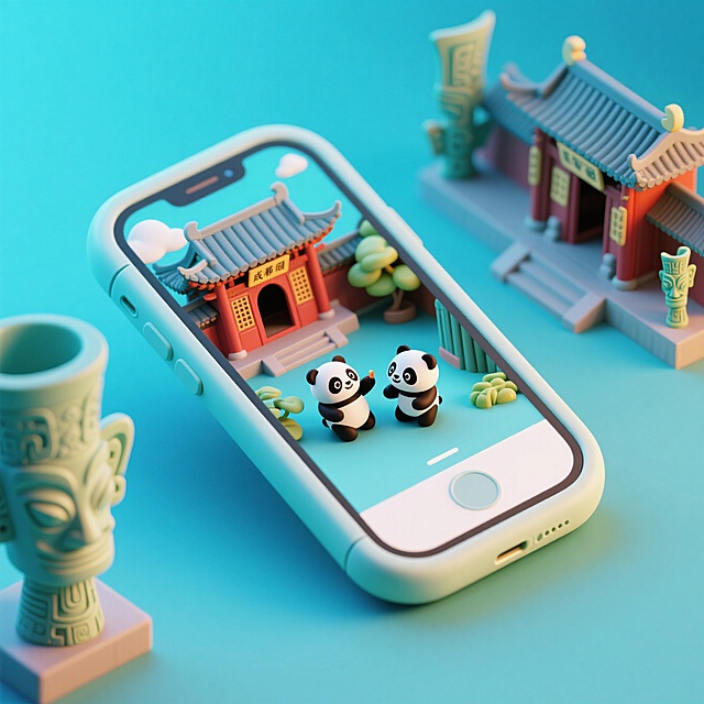 一个手机创意微缩场景，手机平放，侧面对着观众，手机俯视角度，立体的成都景观从屏幕内出来，有熊猫，三星堆，武侯祠，整体色调立体魔幻。青色背景。具有梦幻感,打光营造出柔和氛围强调梦幻和未来感的美学。