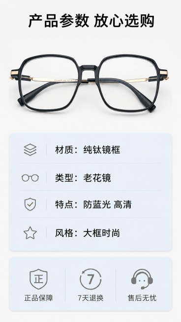 [第8屏] 规格参数与售后保障。本屏产品小图使用【图1】展示。
[氛围/风格] 清晰信息卡风格，专业可信。
[元素布局] 上方放置老花镜小图，占比约25%，下方为规格参数信息卡和售后保障图标，布局清晰预览效果