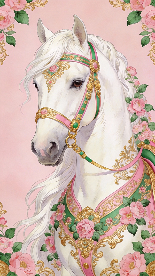 上下留白，左右留白，不要撑满整个画面，竖版复古洛可可柔美奢华风格的白马头部插画，背景为浅粉色；主体是白色长鬃白马，身部与粉 / 绿 / 金配色的华丽马具均装饰粉花、绿叶及金色繁复纹样；画面环绕粉花绿叶元素，整体呈现细腻手绘纹理质感；风格为复古洛可可奢华风 + 花卉装饰艺术，兼具繁复纹样与柔和优雅质感；色调以浅粉色为底，白鬃白马 + 粉花 / 绿叶 / 金纹装饰 + 粉绿金马具；采用白马头部与上身