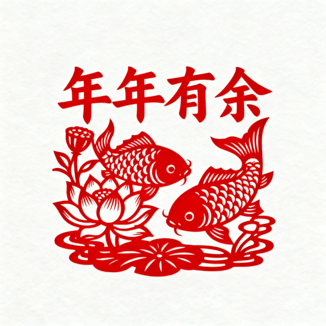 红色剪纸风格作品《年年有余》，画面包含两条鱼和莲花，整体为传统中国红色调，剪纸线条简洁流畅，寓意连年有余、幸福吉祥，传递人们对美好生活的期盼预览效果