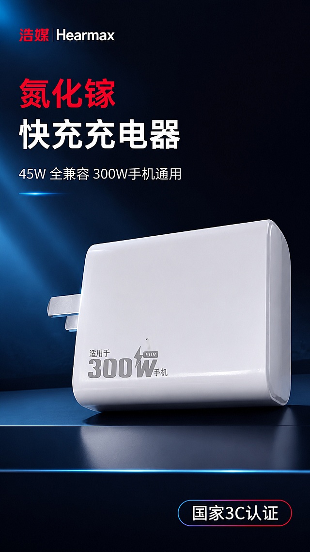 「图片1」，生成详情页，商品名称为浩媒氮化镓充电器，型号：3C-B74; 输入：220V~50Hz 1A; 输出档位：5V=3A / 9V=3A / 12V=3A / 20V=2.25A; 接口：单 USB 口; 额定峰值功率：45W Max ；支持快充协议：PD3.0、PPS 动态调压、QC3.0、华为 SCP/FCP、小米 QC、三星 AFC、苹果 2.4A 通用快充；兼容：iPhone 全系列、华为 Mate/P、小米 / 红米、一加、OPPO/vivo、Switch、45W 以内轻薄笔记本、平板、蓝牙耳机、智能手表；一、氮化镓核心技术差异化卖点：1.第三代 GaN 氮化镓半导体芯片，对比传统硅充头体积更小巧，功率密度更高，桌面、口袋轻松收纳；2.低发热高效转换，电能转化率高达 93%+，满载长时间充电仅温热，不易发烫老化；3.高频低噪电路设计，充电无电流滋滋杂音，直播、听歌无干扰；二、45W 全设备快充卖点：1. 45W 满血 Type-C 单口快充，手机、平板、轻薄本一线通充，不用多带充电器；2.全品牌协议兼容，华为、苹果、小米、一加手机均满速闪充，无慢充弹窗；3.实测快充速度参考：iPhone15/16 系列 30 分钟充 60%+；华为 Mate70 30 分钟充 68%；45W 轻薄本半小时回血 40%；三、安全合规耐用卖点：1.整机通过国标 3C 强制认证，京东上架合规，质检无忧；2.V0 级阻燃防火外壳，高温不熔化；内置智能温控芯片，超温自动断电保护电池；3.五重智能电路防护：过压 / 过流 / 短路 / 过热 / 防漏电，长期使用不伤手机电池；4.稳定宽幅电流适配家用 220V 市电，居家办公稳定输出；特别指出：适用于300W手机快充！适配京东平台，单图比例为9:16，需求屏数为8张。「图片1」「图片1」「图片1」「图片1」「图片1」「图片1」「图片1」「图片1」